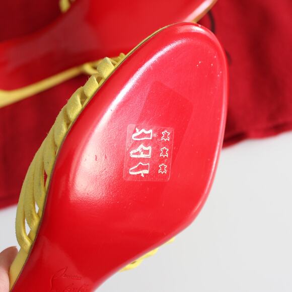 Christian Louboutin Belbrossa Yellow Suede Pompom Fringe Slip-On Kitten Heels - Picture 15 of 16